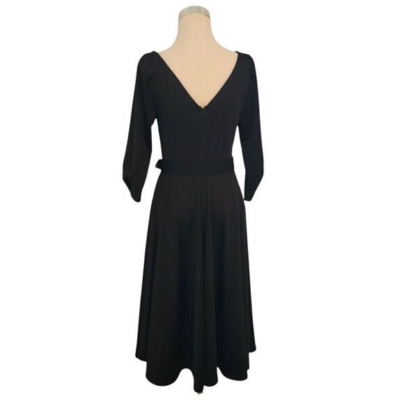 Unique Vintage Black V-Back 1950's Inspired Swing Belted Dress Size M - Picture 2 of 8
